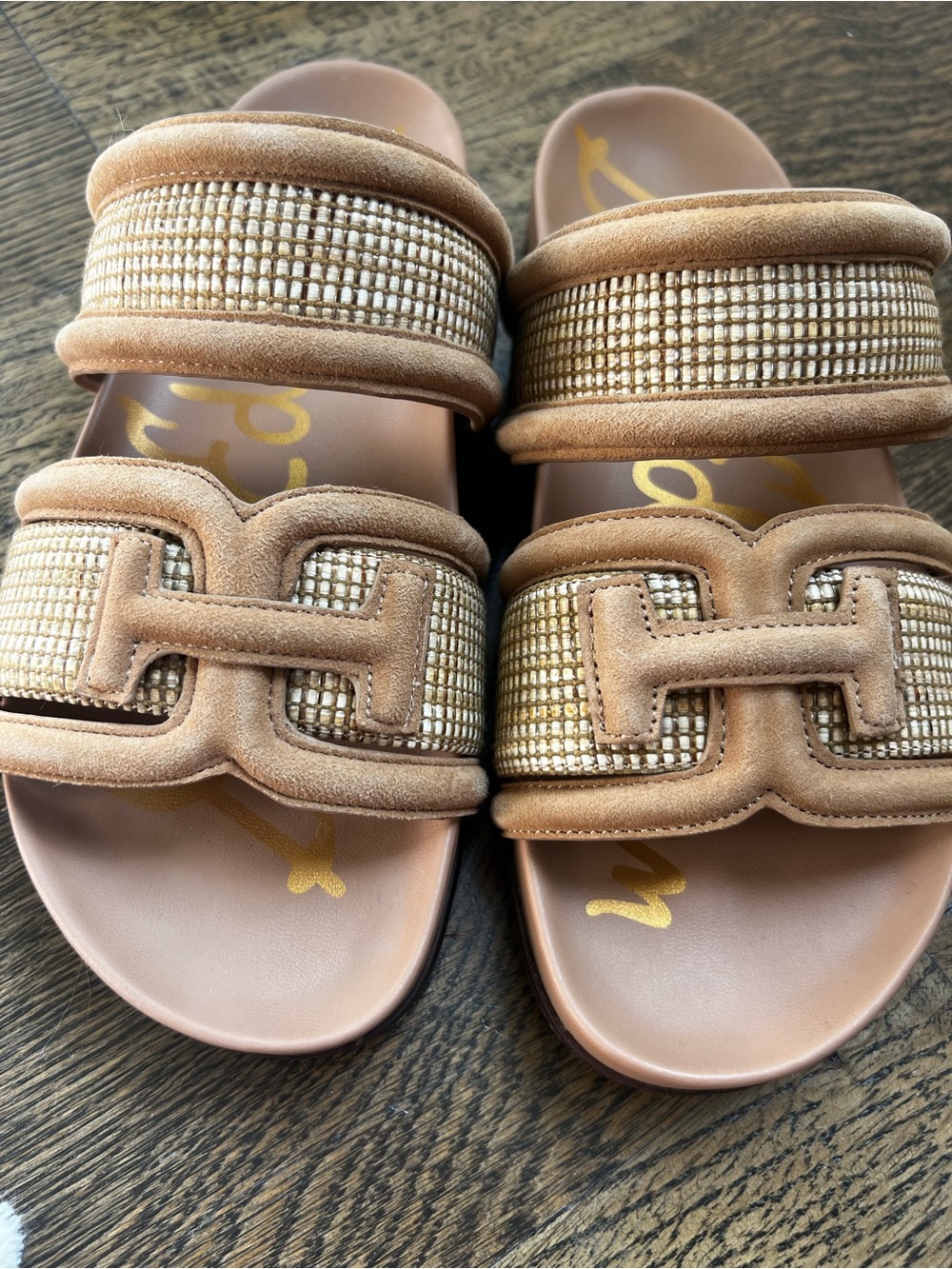 Sam Edelman 6 1/2 Woven Suede Double-Strap Slide Sandals - Tan